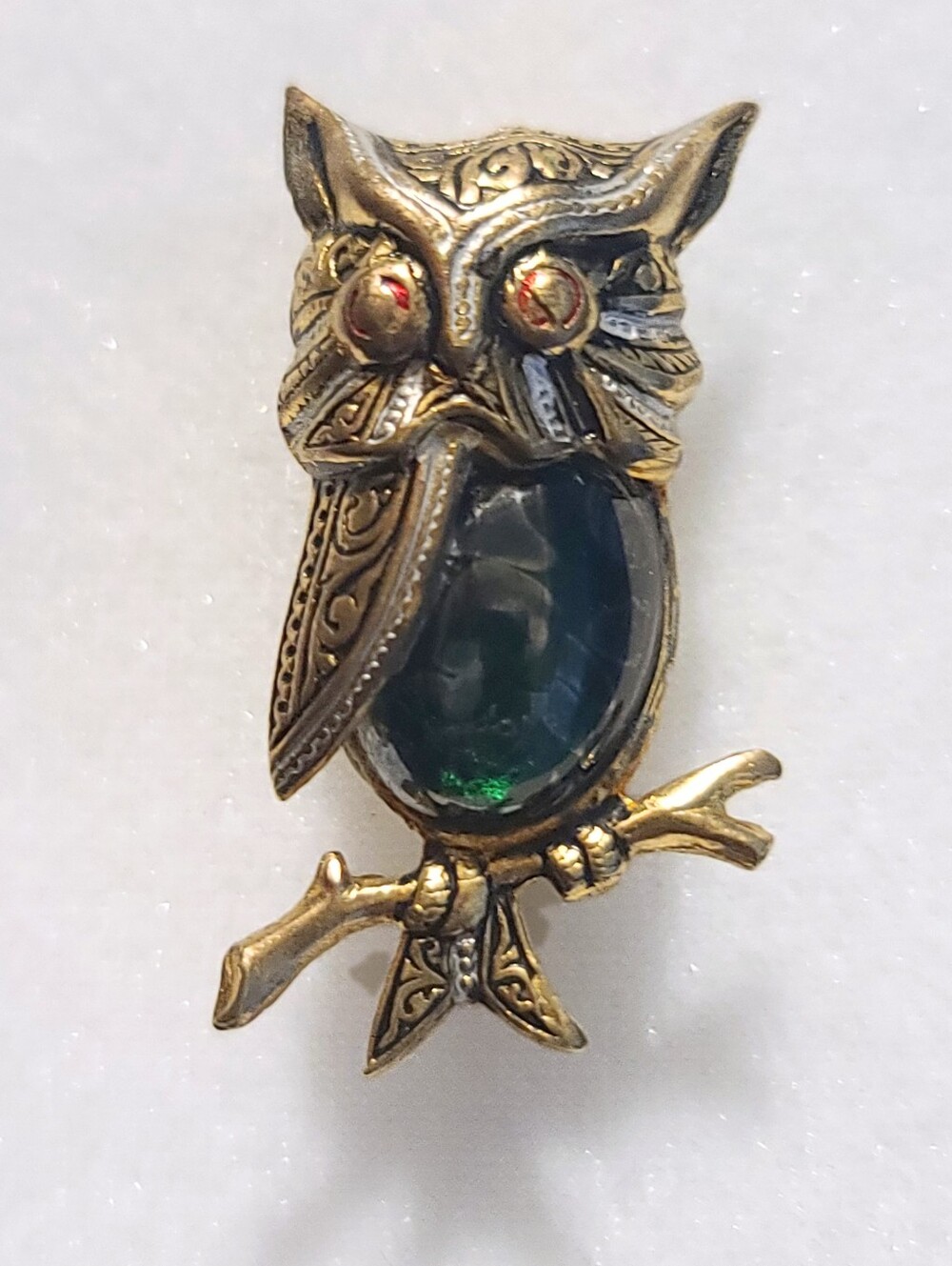 Vtg Damascene Owl Brooch Gold & Silver Tone Green Cabachon 1.5" Made in Spain